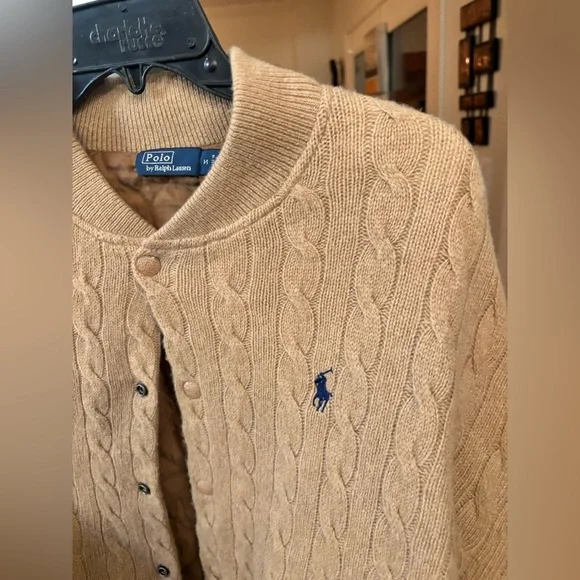 Polo Ralph Lauren Cable Knit Wool Cashmere Bomber Jacket in Collection Camel - Picture 5 of 10